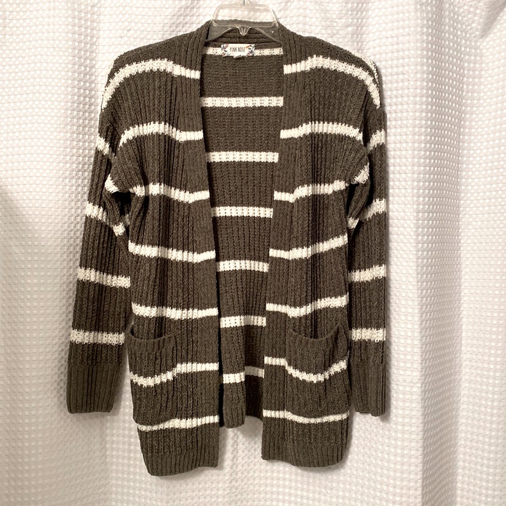Pink Rose Forest Green and White Stripped Cardigan